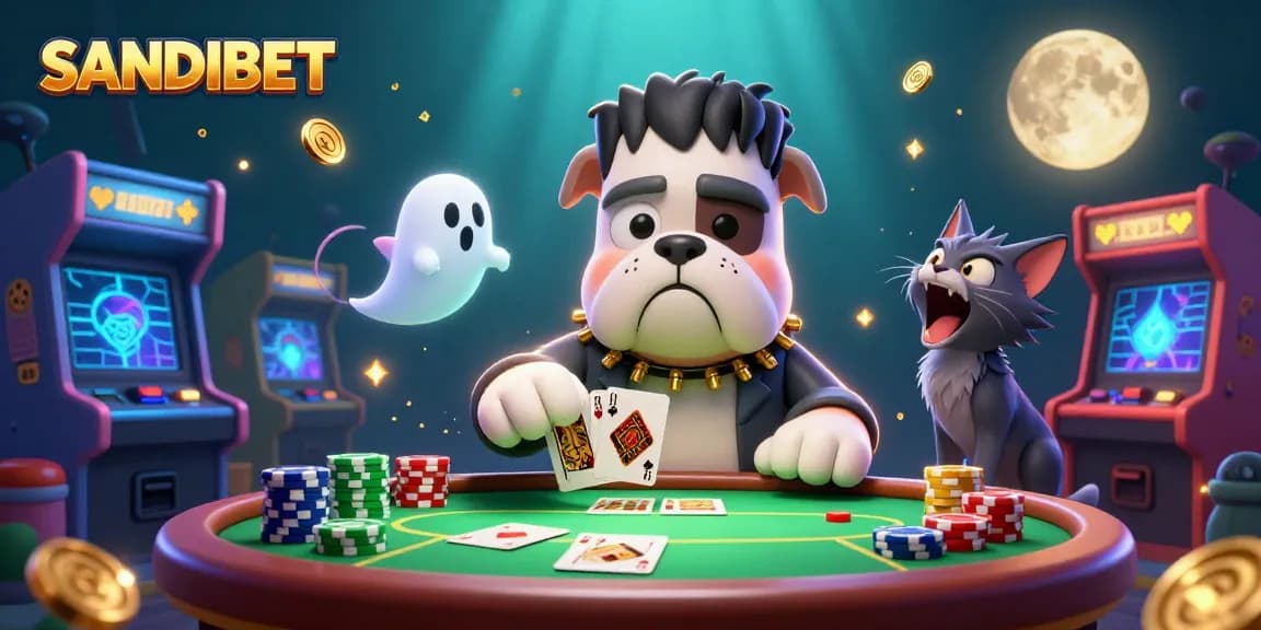 SANDIBET casino experience featuring a Frankenstein bulldog monster dealing cards at a spooky table.
