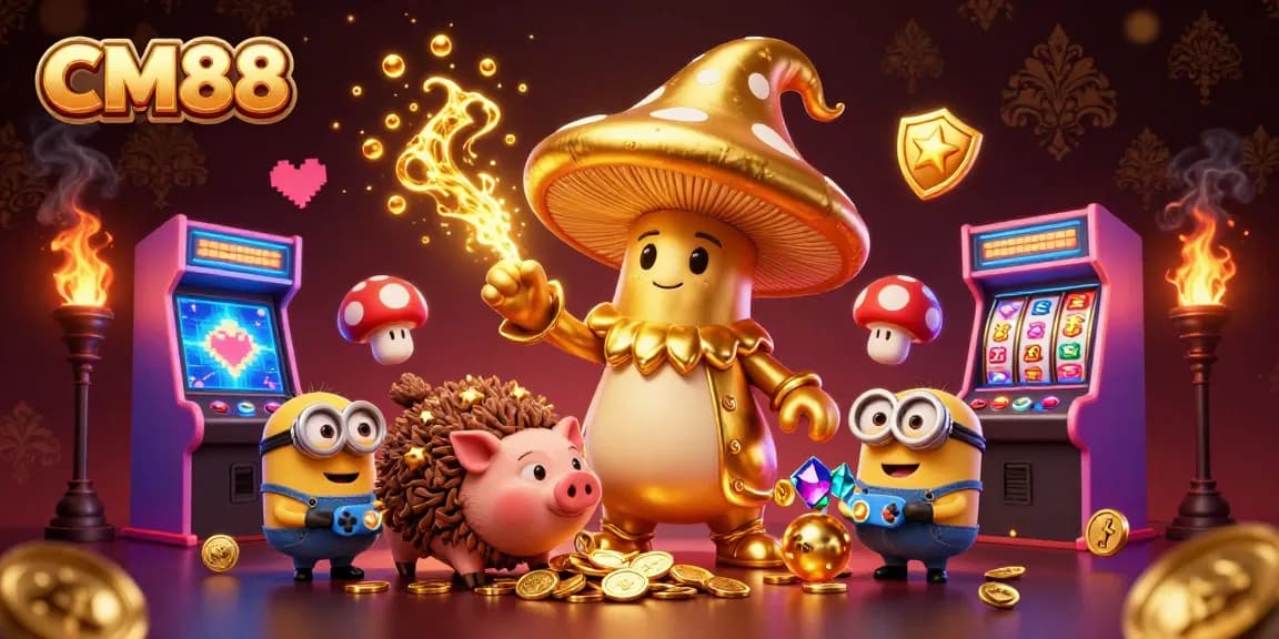 Experience CM88's enchanting golden wizard conjuring treasures in a vibrant casino world.