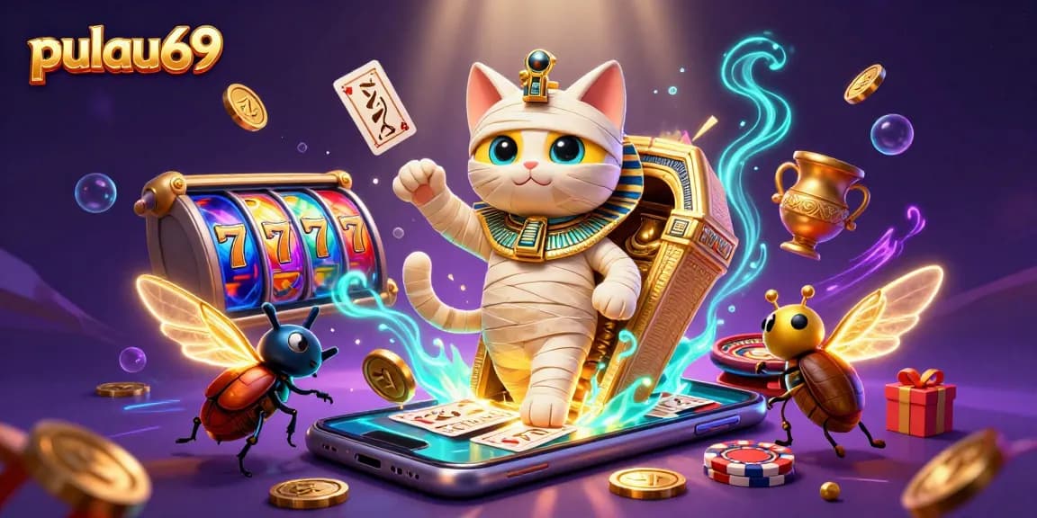 Explore pulau69's immersive slot gaming with a mummy cat and scarab beetle in a vibrant casino!