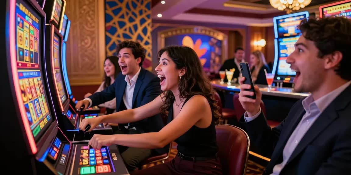 Gorabet girişte oyuncuların heyecanla slot makinesinde kazanç peşinde koştuğu canlı bir casino anı.