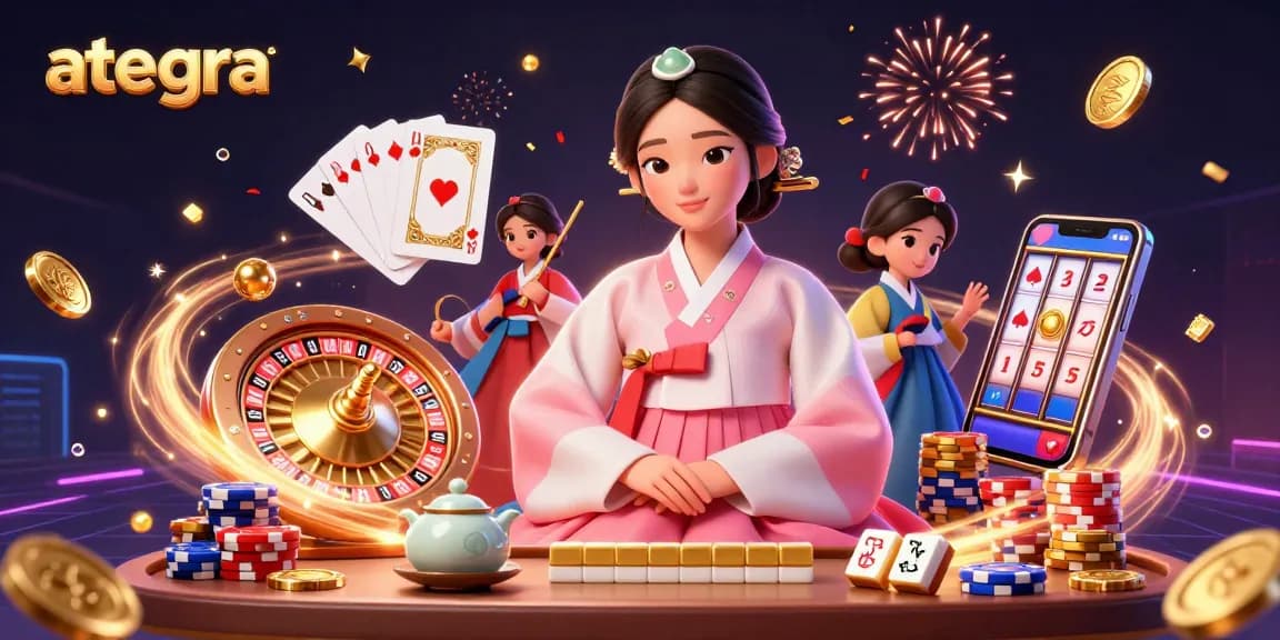 Ategra delivers thrilling casino experiences with a serene elegant lady, colorful gambling icons, and dynamic gold coins.