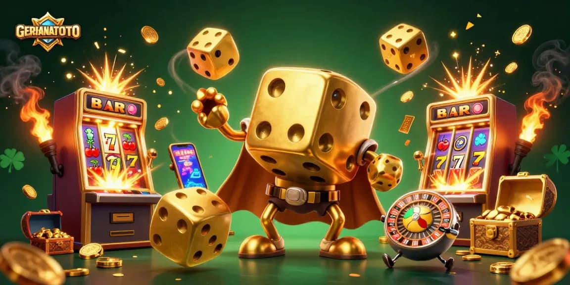 GERHANATOTO menghadirkan aksi seru dari paluang emas dengan tema kasino, dikelilingi mesin slot dan simbol keberuntungan.