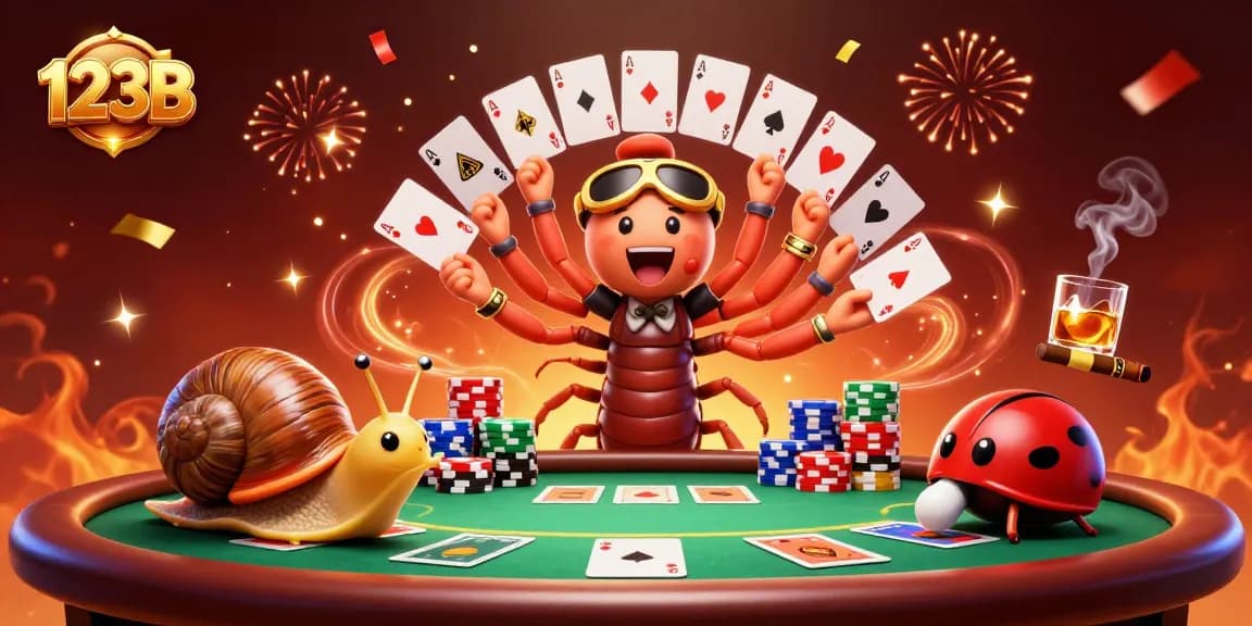 Experience the thrill of betting at 123B with a lively dealer surrounded by colorful poker elements.