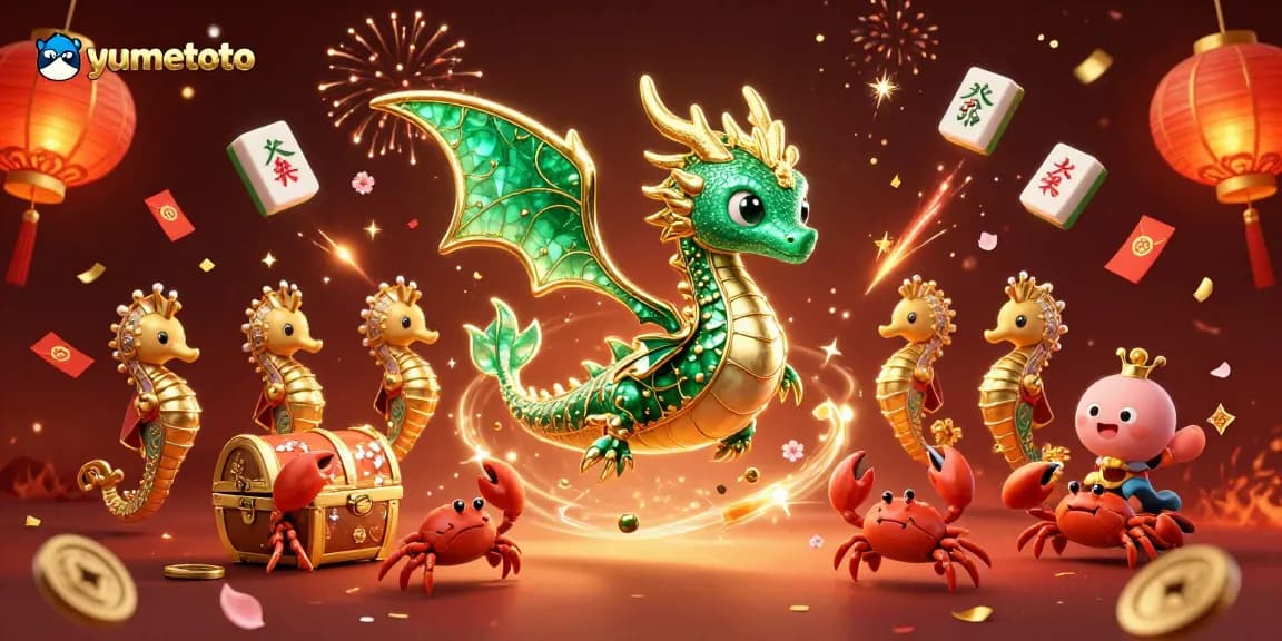 Experience the thrill of yumetoto with vibrant casino elements including a sea dragon, treasure chest, and lucky symbols.