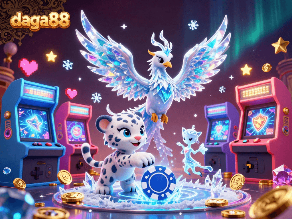 Engage with exciting action at daga88, featuring 3D ice phoenix, snow leopard cub, and vibrant casino elements.