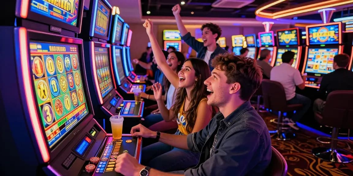 Friends celebrating wins at the rajakhodam89 slot machine in a vibrant casino.