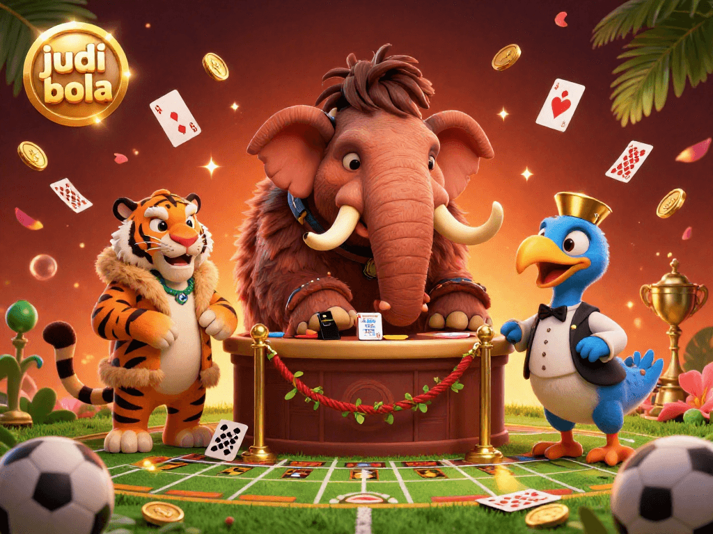 Engage in judi bola betting excitement with a vibrant scene featuring unique characters and dynamic sports elements.