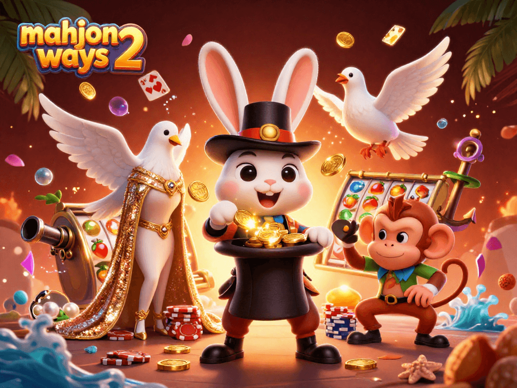 Experience mahjong ways 2 with a 3D magician rabbit and casino symbols in a vibrant gaming scene.