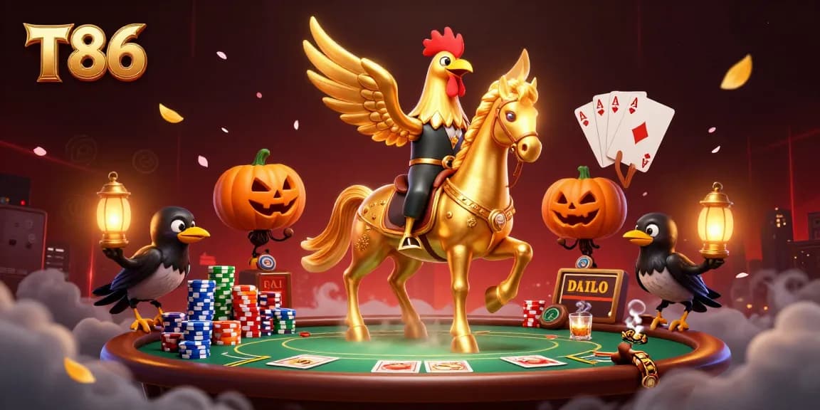 Join the thrilling action at T86 with a golden rooster in a vibrant casino scene, filled with poker excitement.