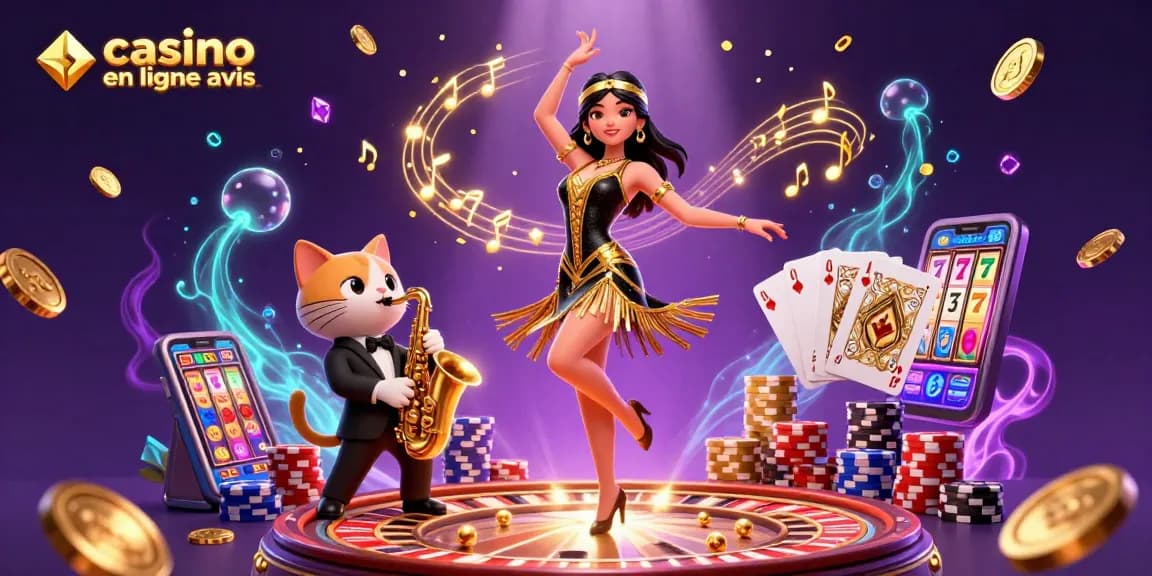 Avis sur les casinos en ligne mettant en avant des éléments de casino passionnants avec des personnages dansant et jouant.