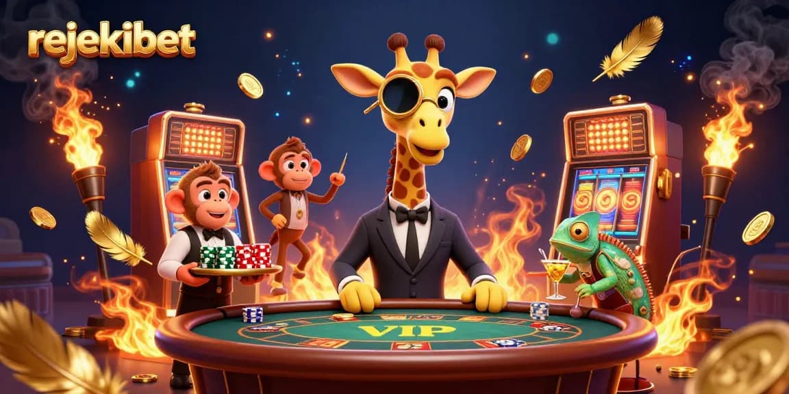 Experience winning with rejekibet at a vibrant casino scene featuring cartoon characters, gold coins, and slot reels.