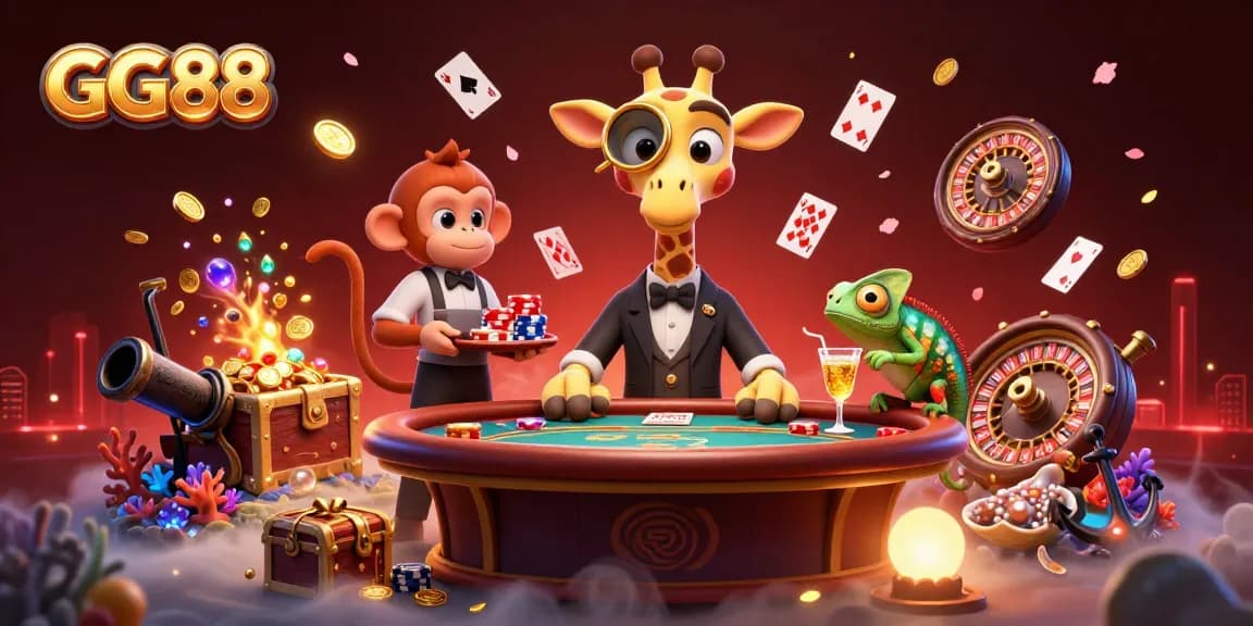 GG88 invites players to indulge in high-stakes gaming with a playful giraffe, monkey valet, and chameleon bartender.