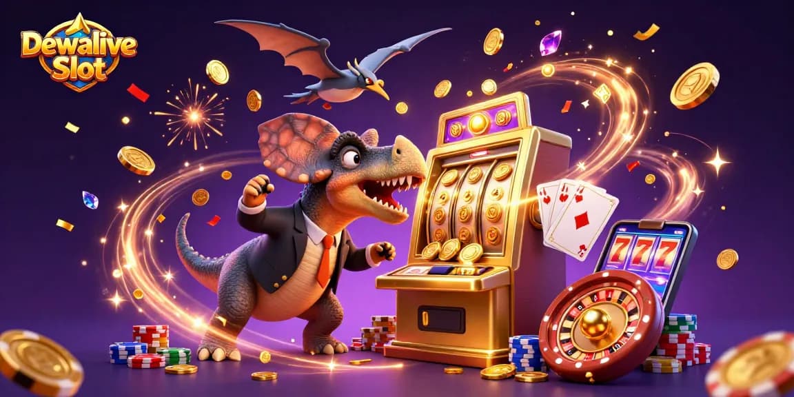 Dewalive Slot brings excitement to players as a dinosaur headbutts a slot machine for a jackpot.