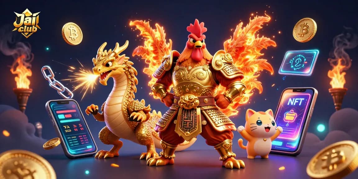Engage with Jai club gamers in an epic betting scene featuring vibrant 3D characters and crypto elements.