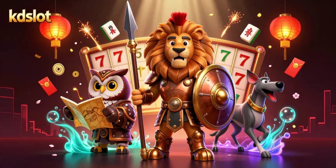 Spin and win with kdslot's thrilling 3D illustration of a Spartan lion and gaming elements.