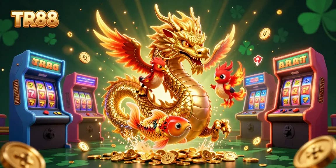 Experience the vibrant TR88 casino world with animated dragons, phoenixes, and slots.