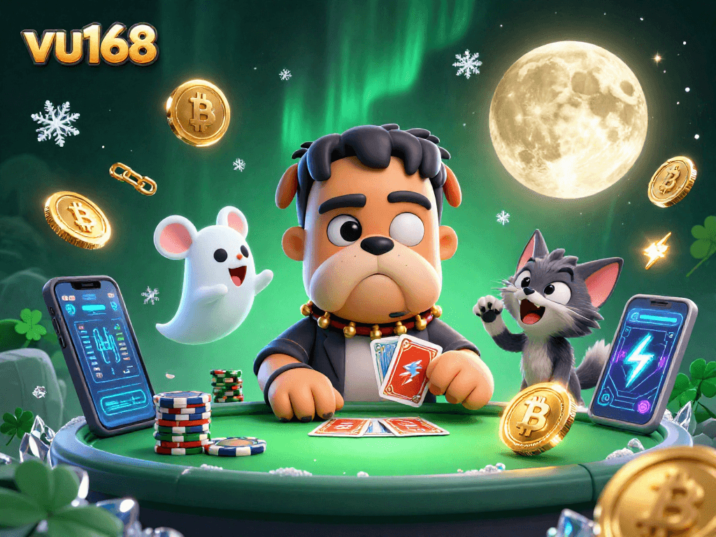 Play with vu168's lively casino scene featuring a bulldog dealer and crypto elements, enhancing your betting experience.