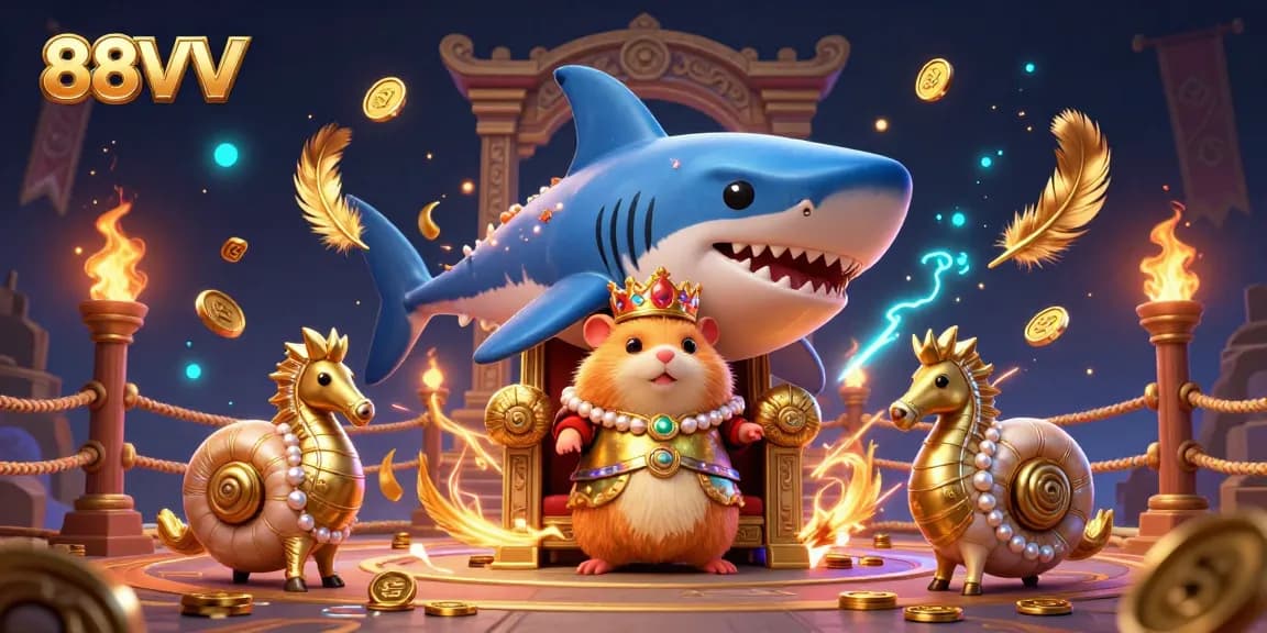 Engage with 88VV's vibrant gaming scene featuring a golden hamster king, seahorse guards, and dynamic casino elements.