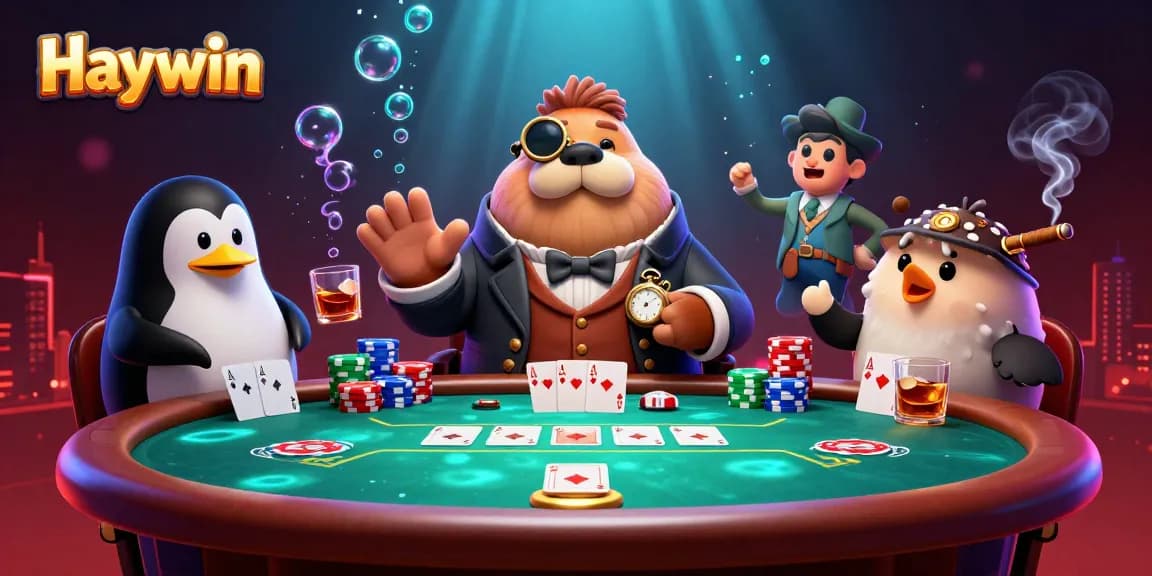 Engaging Haywin poker scene with a walrus, penguin dealer, and bluffing pufferfish.