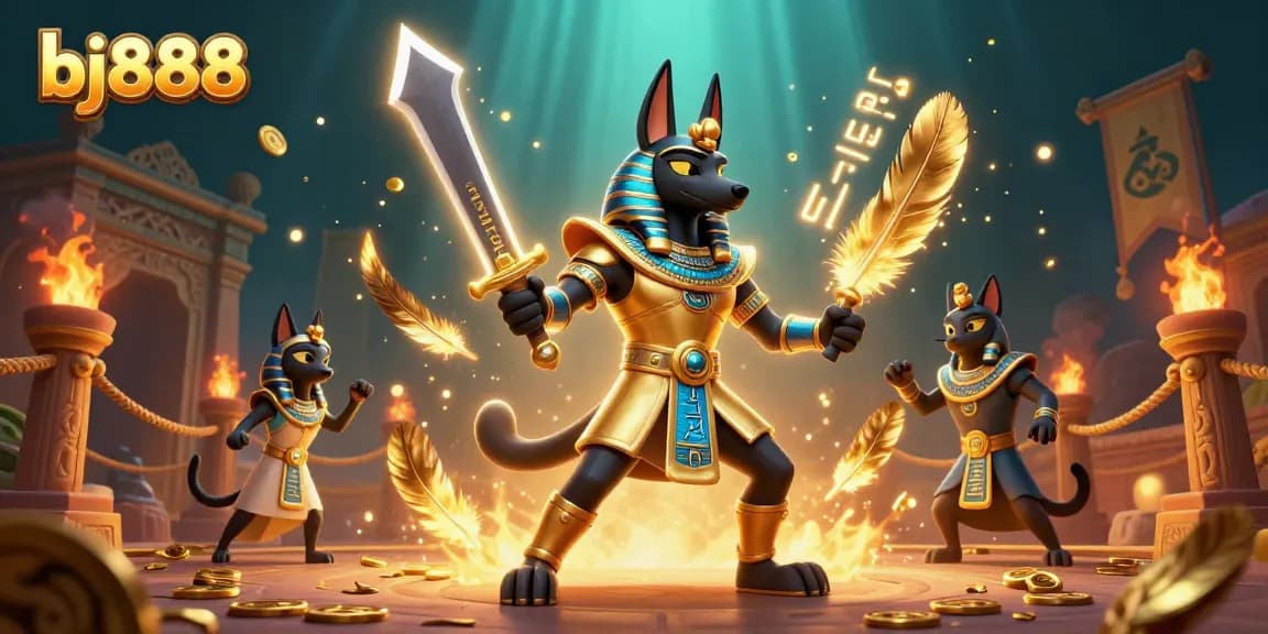 Bet on exciting games at bj888 with an ancient Egyptian warrior and vibrant casino elements.