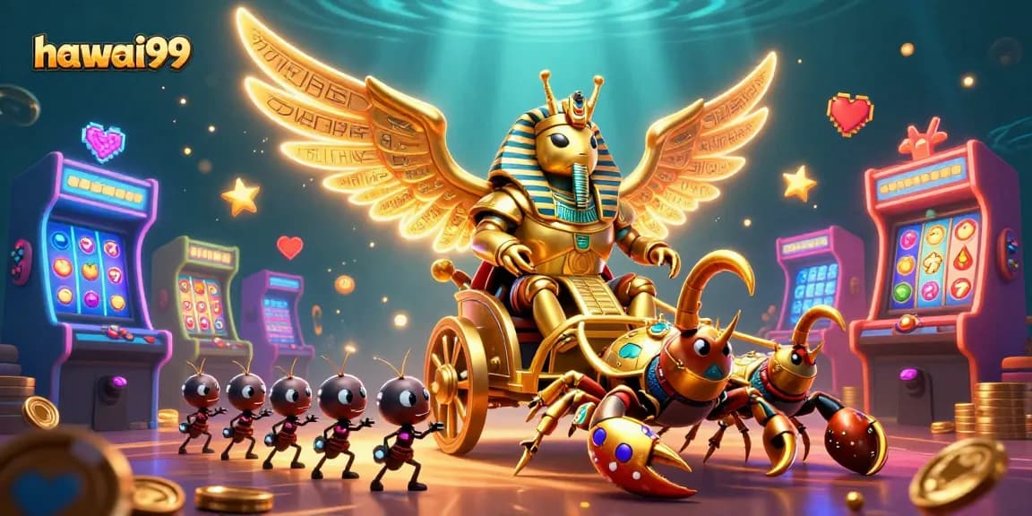 Experience hawai99 with an engaging 3D casino scene showcasing slots, scorpions, and colorful game elements.