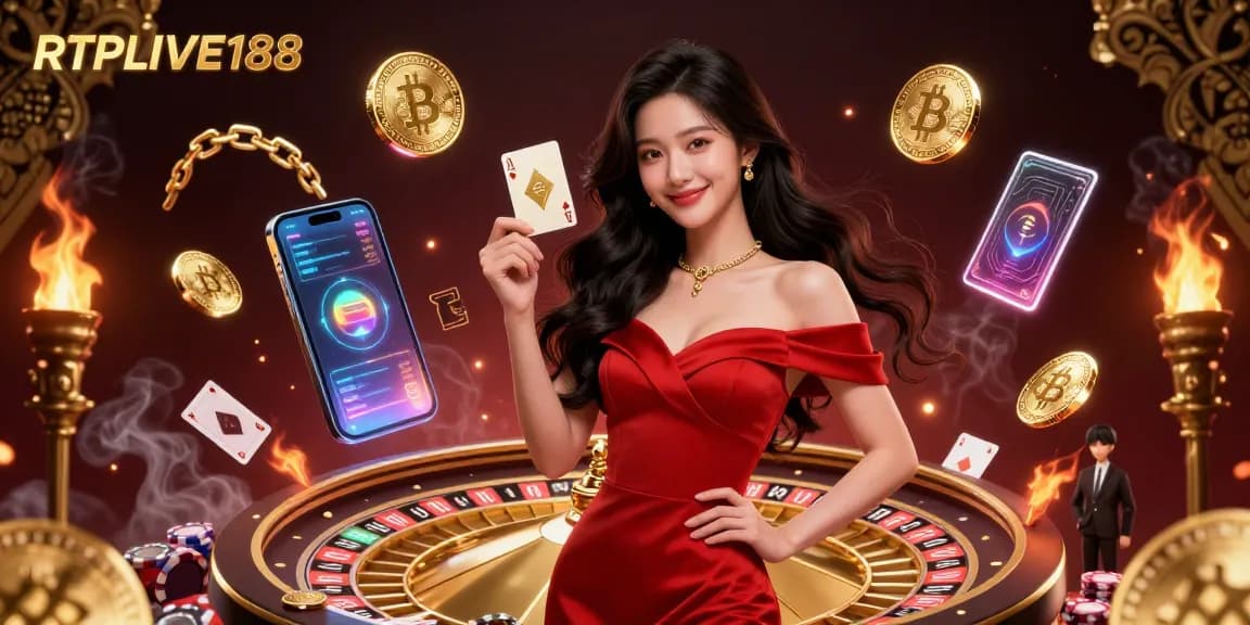 Terlibatlah dengan pengalaman kasino mewah RTPLIVE188 sambil memegang kartu bermain emas di samping roda roulette.