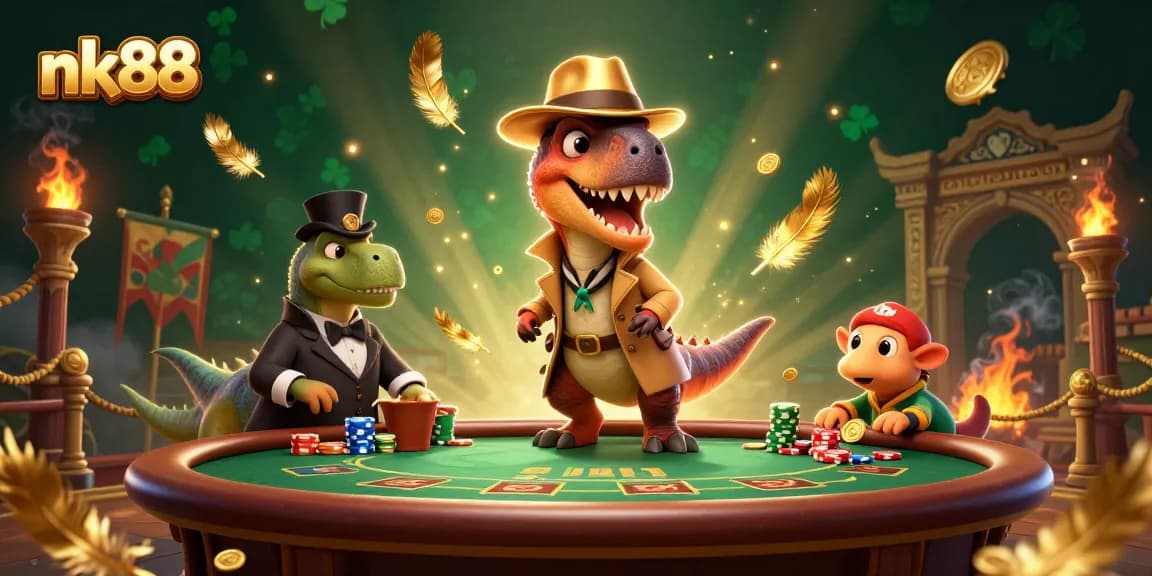 Engage with nk88 at a blackjack table as characters navigate the colorful world of online gambling.