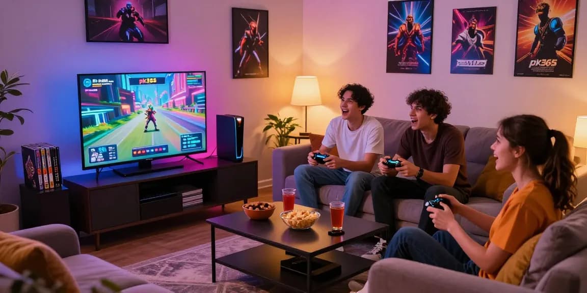 Exciting gaming night featuring friends playing pk365-game with snacks and LED lights.