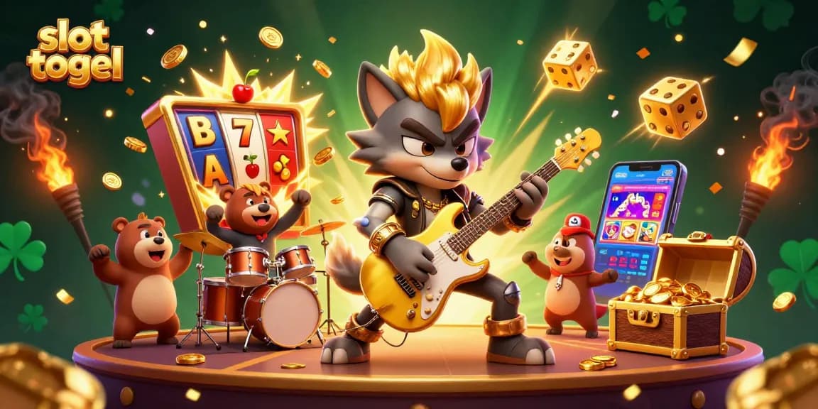 Experience thrilling slot togel action with a dynamic 3D casino scene featuring a rock star wolf and a drummer bear.