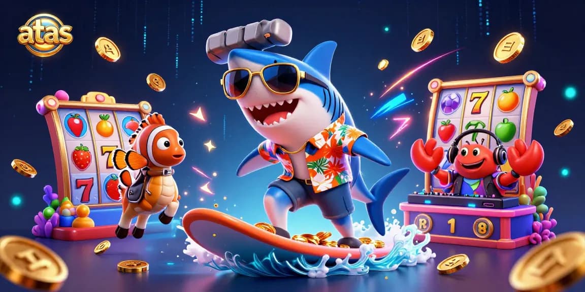 Atas casino showcases a vibrant shark surfing gold coins among slot reels and lucky 7s in a dynamic scene.