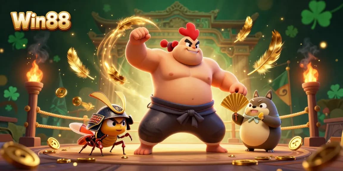 Experience thrilling wins at Win88 with an epic 3D gaming showdown featuring a powerful sumo rooster and samurai cricket.