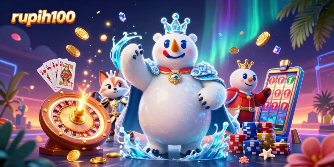 Experience the excitement at rupiah100 with a dazzling polar bear and fox in a vibrant casino scene.