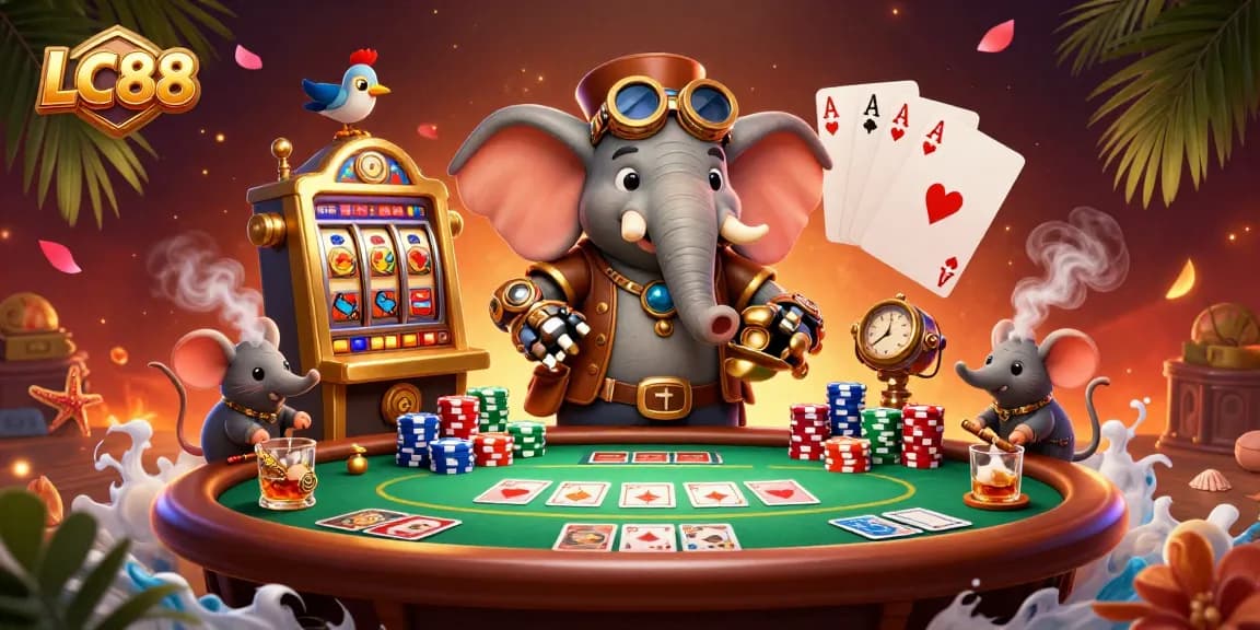 Engage in thrilling slot action at LC88, featuring a steampunk elephant engineer with rich casino elements.