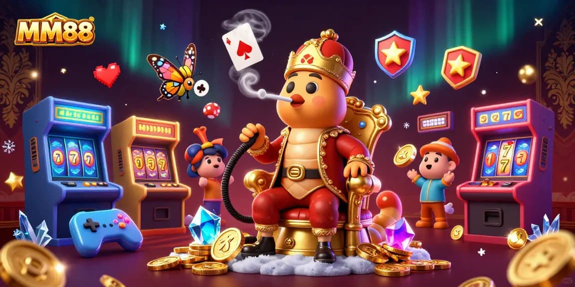 Experience the excitement of MM88 with a 3D casino-themed illustration featuring vibrant gaming elements.