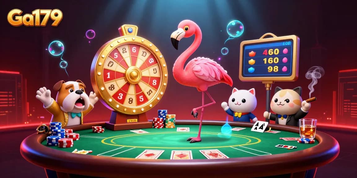 Engage in thrilling gameplay with Ga179 in a vibrant casino scene featuring prize wheels and poker cards.
