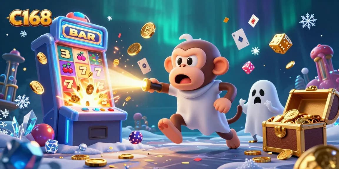 Engage with thrilling C168 casino experiences as a mischievous poltergeist monkey juggles golden coins and cards.