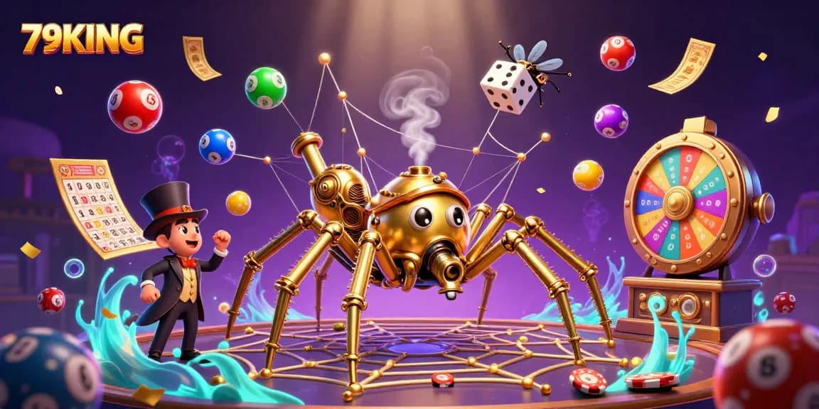 Experience thrilling wins with 79KING as the steampunk spider weaves winning opportunities in a vibrant casino world.