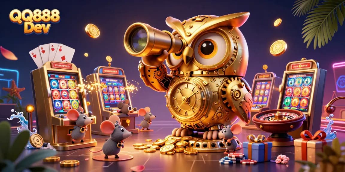 Engage with QQ888 Dev in a vibrant casino scene featuring a golden owl and slot game excitement.
