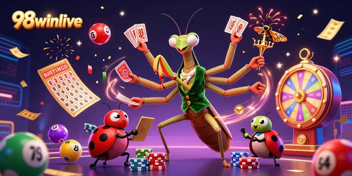 Engage in thrilling games at 98winlive, featuring a dynamic scene with colorful lottery elements and vibrant celebrations.