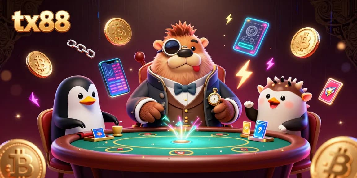 Experience thrilling gameplay at tx88 with our lively underwater poker scene, featuring unique cartoon characters and crypto elements.