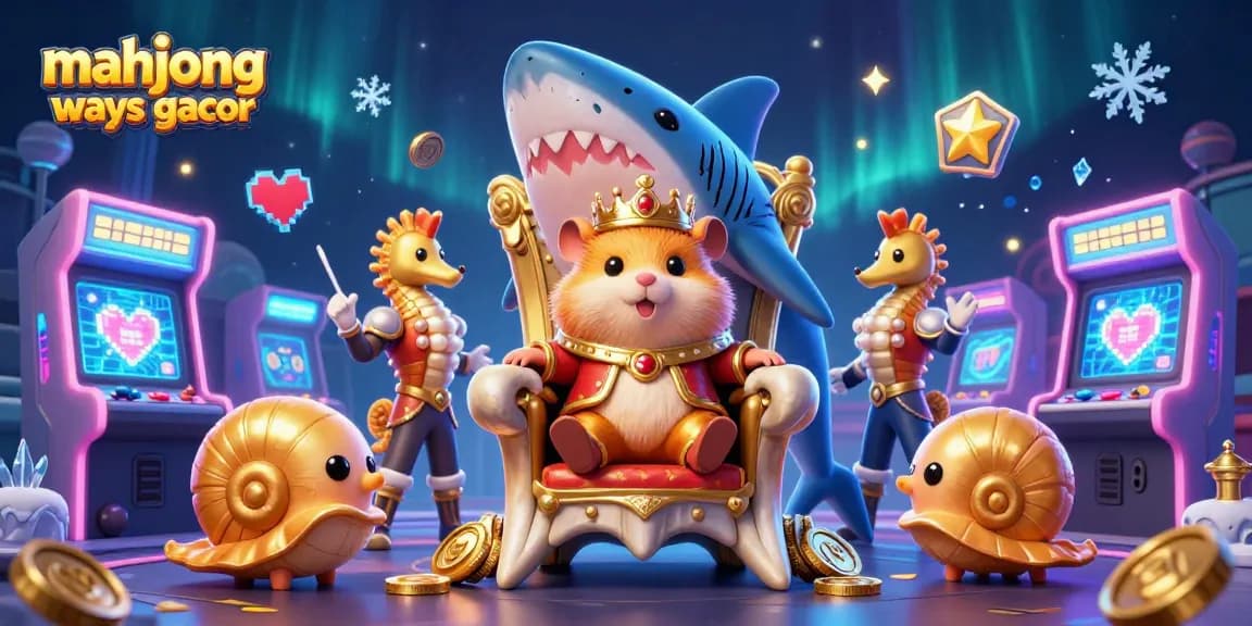 Engage with mahjong ways gacor in a vibrant 3D illustration featuring a golden hamster king on a megalodon throne, surrounded by gaming elements.
