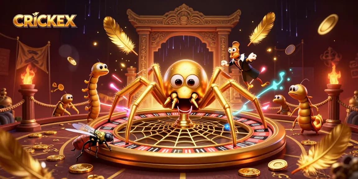 Experience CRICKEX with a thrilling roulette scene featuring a golden spider and a centipede croupier.