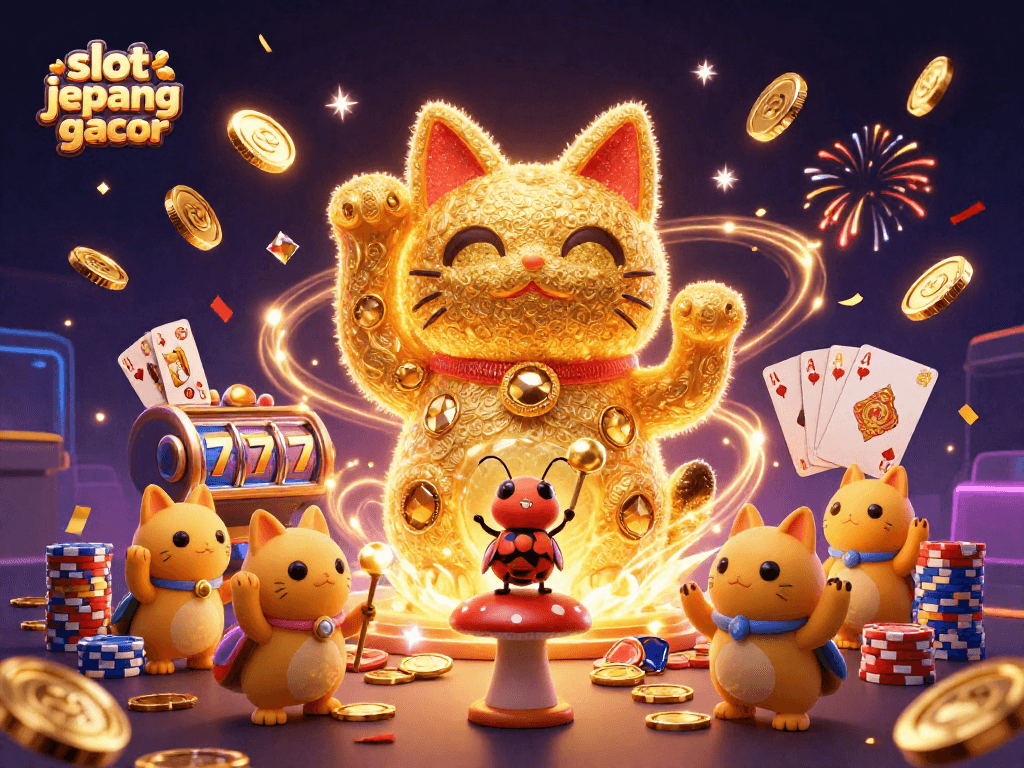 Experience the thrilling slot jepang gacor adventure with a lucky cat surrounded by vibrant casino elements.