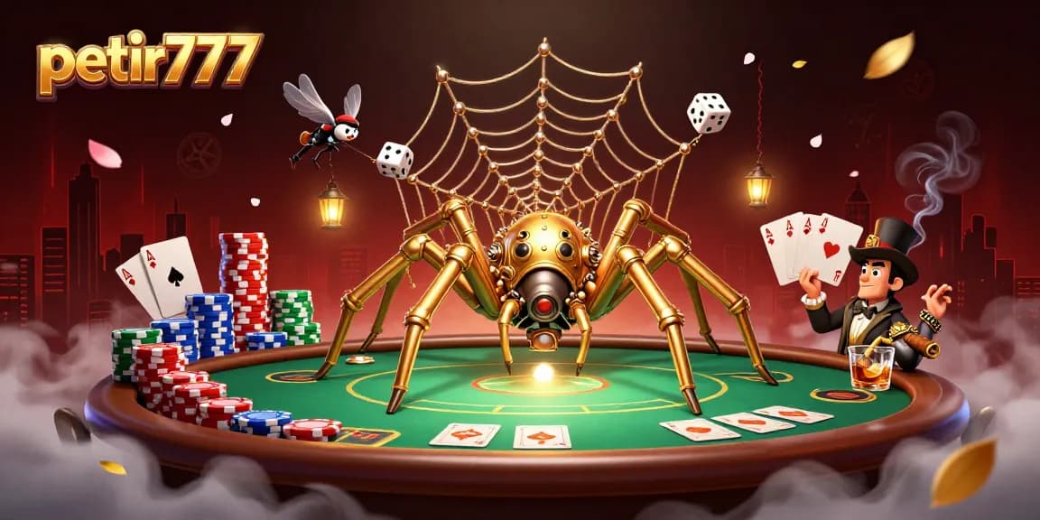 Catch winning spins with petir777 in this dynamic 3D casino scene featuring a steampunk spider.