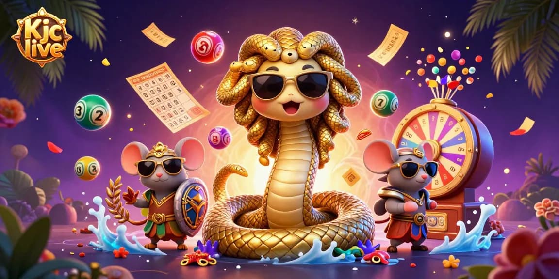 Kjc live game illustration showcasing a fun Medusa with lottery balls and casino elements