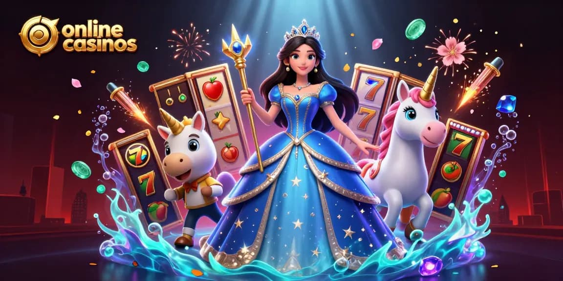 Experience the magic of online casinos with a stunning scene of a regal woman and unicorn amidst slot reels and sparkling symbols.