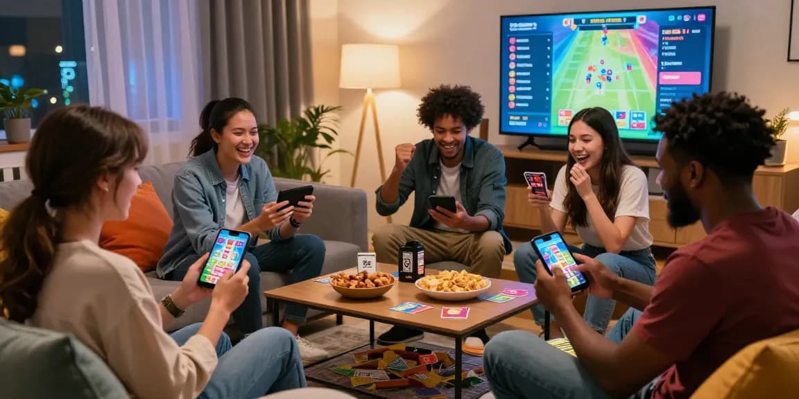 Play online Card Rummy with friends in a lively living room setting, showcasing excitement and engagement.