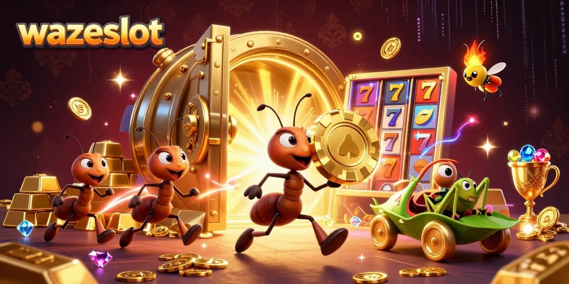 Experience the excitement of WAZESLOT with a dynamic scene of cartoon ants carrying a giant poker chip.