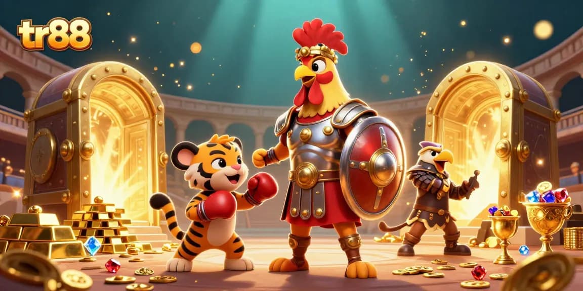 Experience the thrill at tr88 with a vibrant 3D digital illustration showcasing a gladiator rooster and treasures.