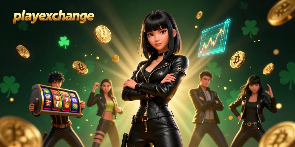 Win big with playexchange in a vibrant 3D Crypto Casino illustration featuring an assertive woman and floating slot symbols.